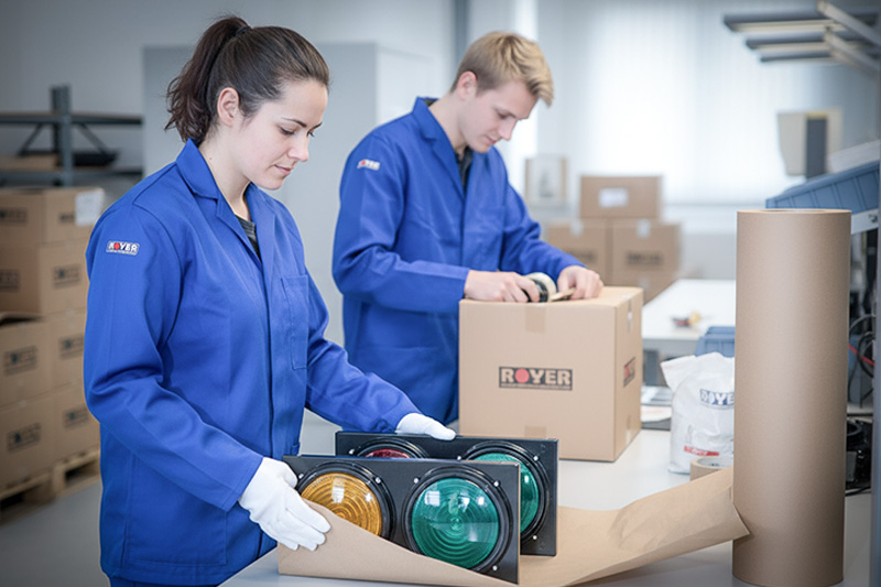 Werknemers verpakken verkeerslichten.