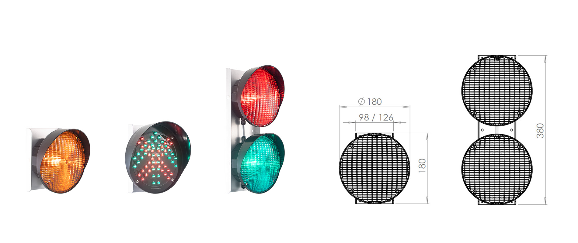 Der Garagen-Lichtsignalgeber GLS180 in verschiedenen Ausführungen mit gelber, roter und grüner Linse. Außerdem ie Kreuz/Pfeil Ampel mit umschaltbaren Symbolen.