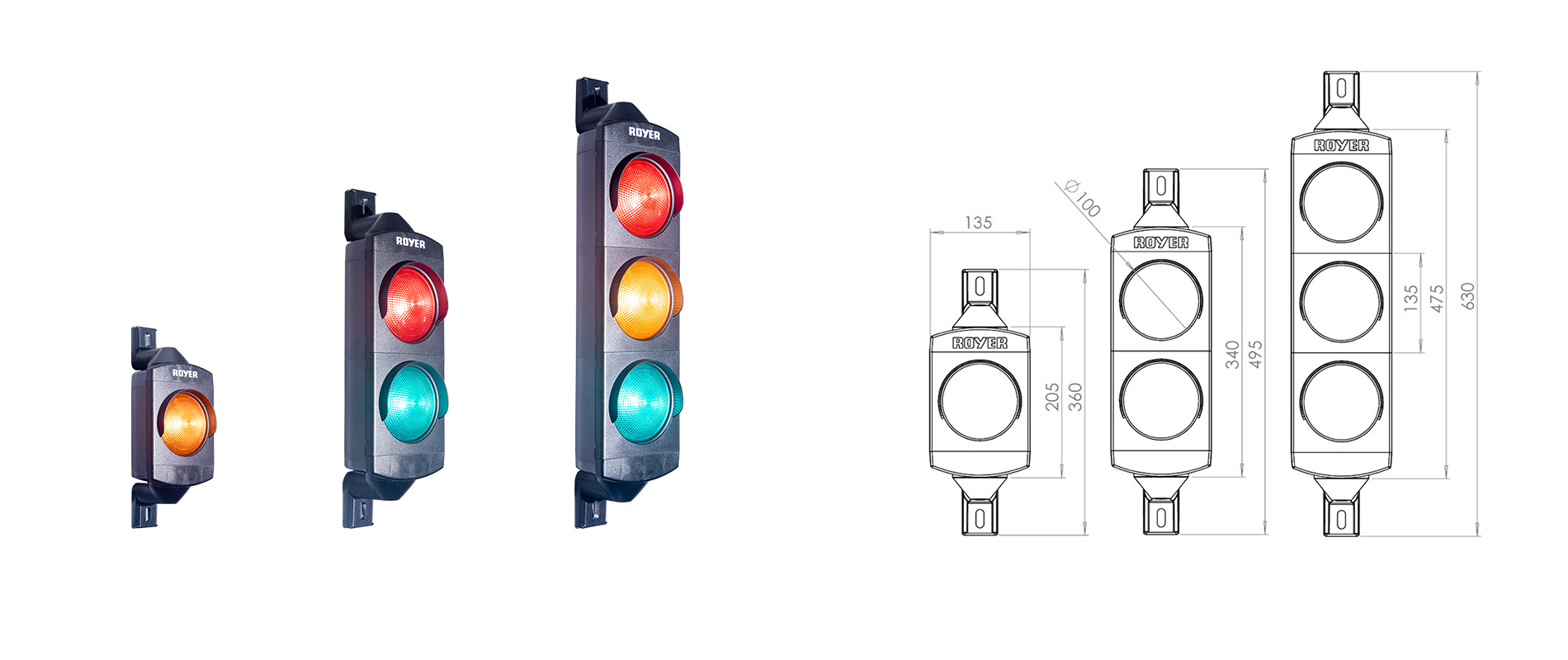 Drei verschiedene Konfigurationen mit unterschiedlichen Lichtfelder der KLS 100 Ampelanlage. Daneben eine Maßzeichnung mit Abmessungen des Lichtsignalgebers.