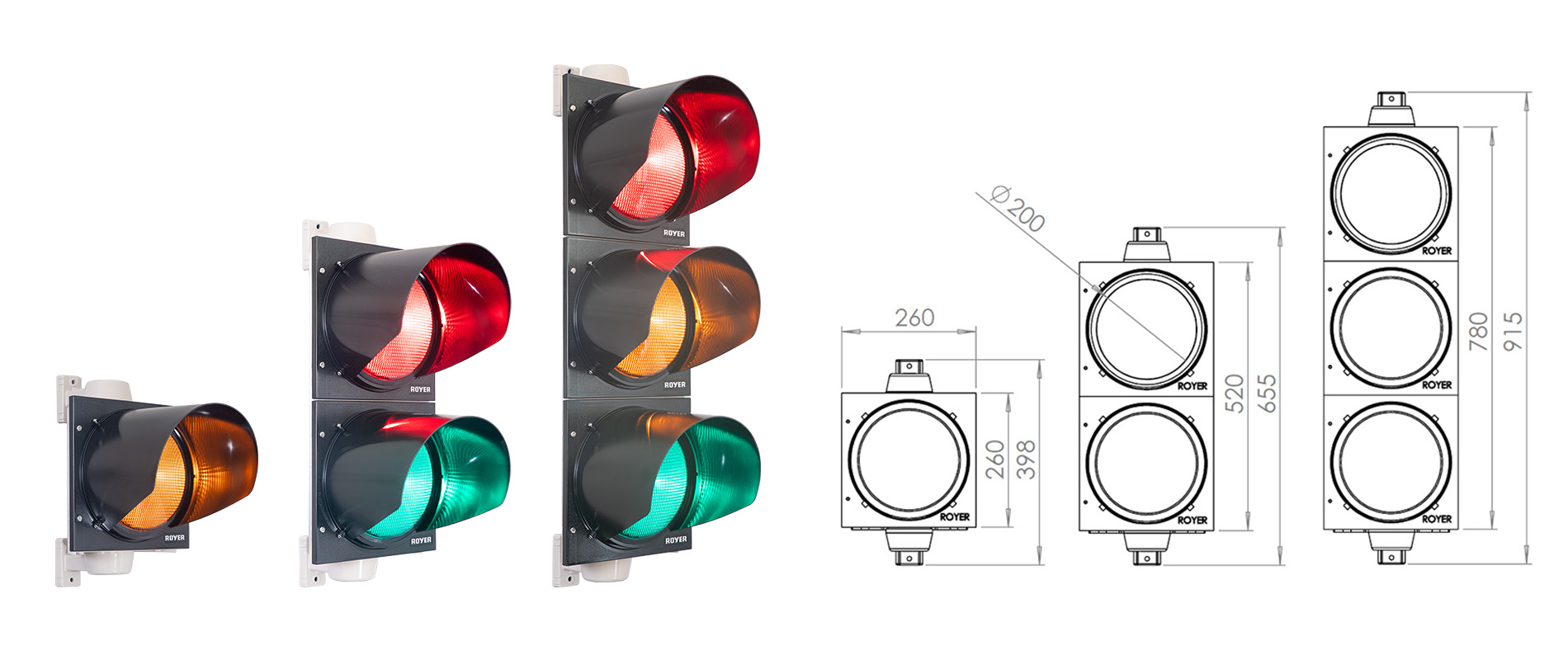 Die meistverkaufte LED-Ampelanlage von ROYER Signaltechnik in drei Varianten und Abmessungen als Skizze.