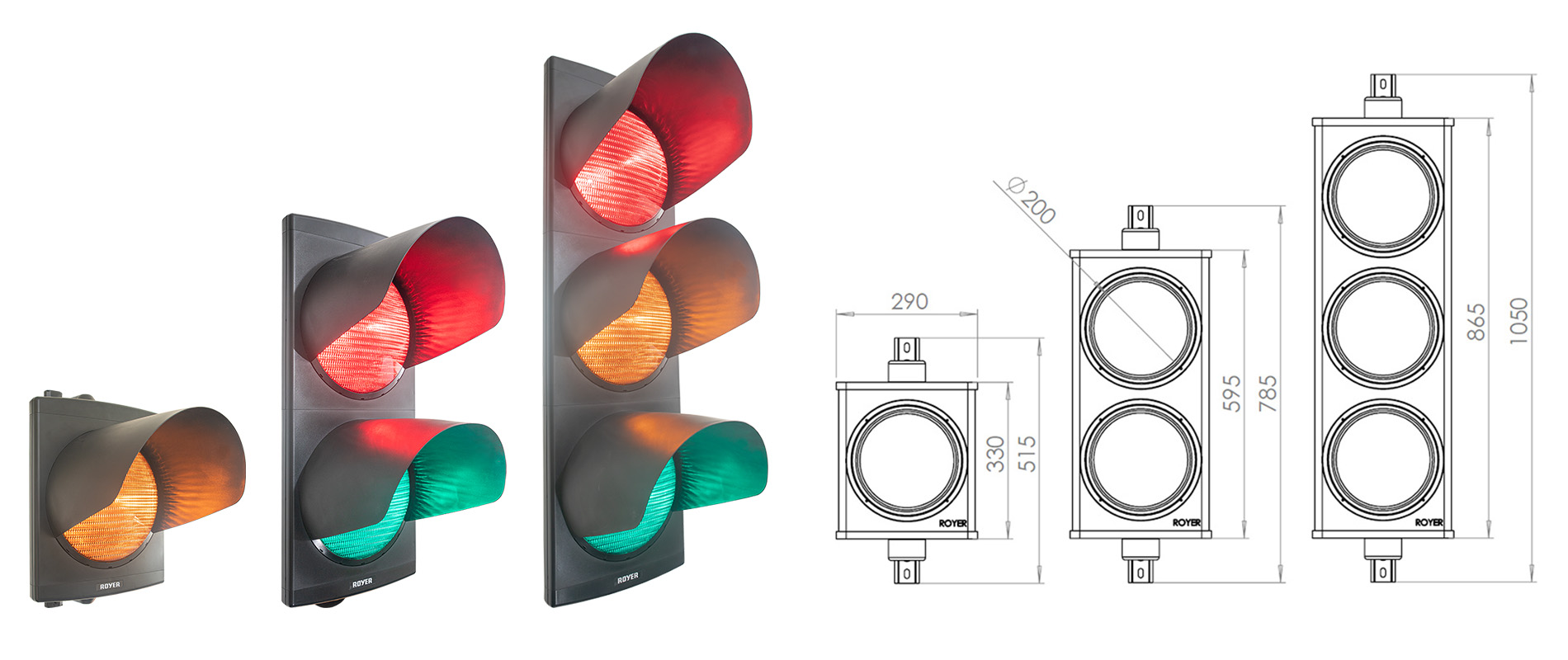 Drei verschiedenen Konfigurationen der großen LED-Ampel LS300 von ROYER Signaltechnik mit zusätzlicher Zeichnung der Abmessungen