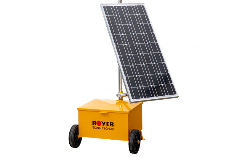 Bild einer solarbetriebenen mobilen Signalanlage mit Ampel, LED und Funkampel, hergestellt von ROYER Signaltechnik.